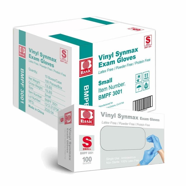 Zoro Select Disposable Gloves, Vinyl/Nitrile Blend, 4 mil, Powder-Free, Latex-Free, Blue, S, 10 boxes of 100 SYNMAXSC - main